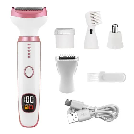Depilador Elétrico 5 em 1 Recarregável: Aparador de Rosto, Corpo, Biquíni e Nariz - À Prova D'água com Visor LED