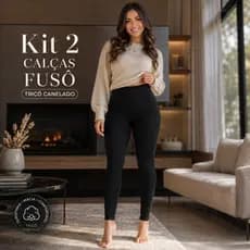 Kit Calças Fusô Térmica Feminina Tricô Canelada Segunda Pele Inverno Cintura Alta