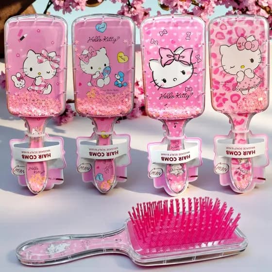 Escova De Cabelo Hello Kitty Rosa Pentes Variados CERDAS ONDULADAS Gliter