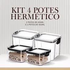 Kit 4 Potes Herméticos 2 de 450Ml e 2 950Ml Organizador Empilhavel Mantimentos Com Lacre Vedação