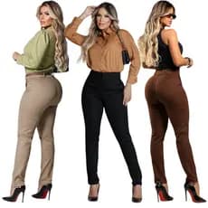 Kit Com 3 Calças Feminina Alfaiataria Cintura Alta Social