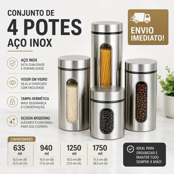 Kit 4 Potes Herméticos Inox Visor em Vidro Cozinha Pote Mantimento Inox Arroz Feijão Macarrão