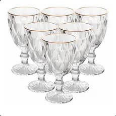 Conjunto de 6 und  Taças Vidro Diamond Borda Dourada 340ml - Sucos, Bebidas Mesa Posta Cozinha Casa