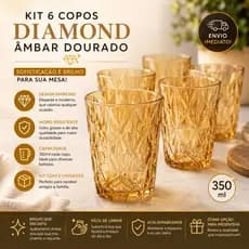 Kit Jogo 6 Copos de Vidro Diamond Âmbar 350ml Reforçado Design Moderno Elegante Para Bebidas