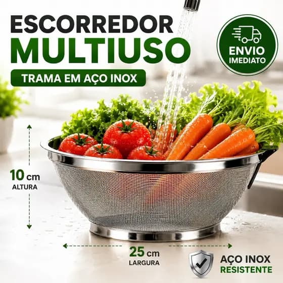 Escorredor Multiuso Inox 25cm Lava Legues Frutas Folhas Reistente Aço Inoxidável Envio Imediato