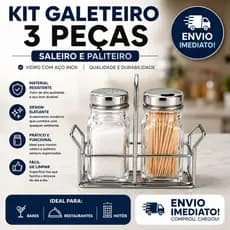 Kit Saleiro e Paliteiro Galheteiro Porta Sal e Palitos Com Suporte Metal Mesa Bar Restaurante Hotel