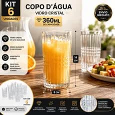 Kit Jogo 6 Copos Vidro Cristal Grande Imperial 360ml Resistente Suco Agua Bebidas Vidro Longo