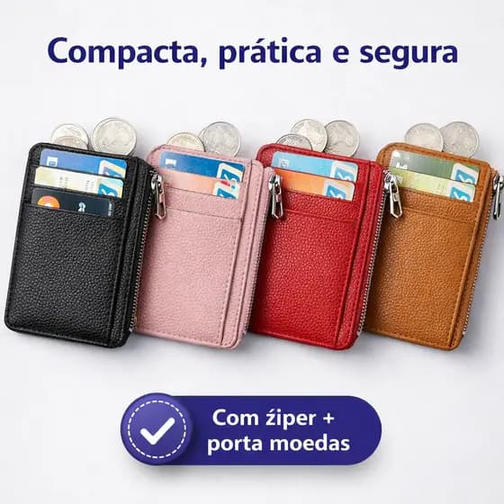 Carteira Porta Cartão com Zíper Couro Sintético Compacta Masculina Feminina