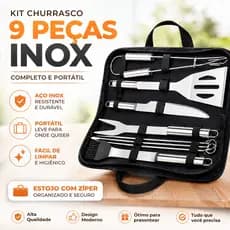 Kit Churrasco Completo 9 Peças Inox Profissional com Bolsa Conjunto Churrasqueiro Premium