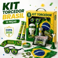 Kit Torcedor Brasil 12 Peças Copa 2026 Completo Bandeira 90x150 Óculos Trompete Festa Futebol