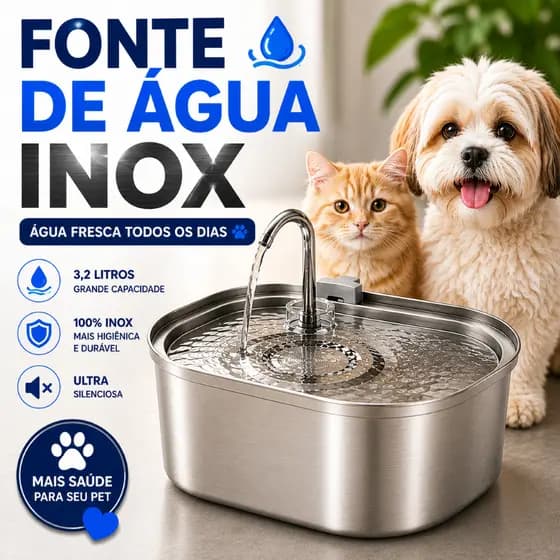 Fonte de Água para Gatos 100% Inox Bebedouro Gato Silencioso 3,2L Bivolt Água Corrente para Pets