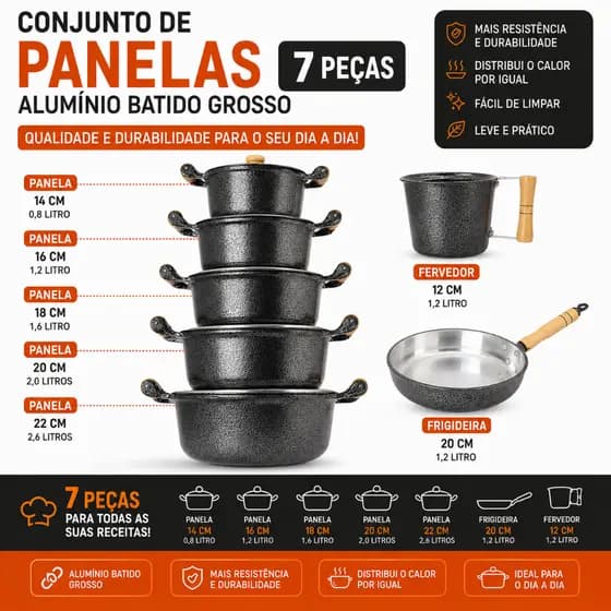 Jogo de Panelas 5 Caçarolas Alumínio Batido Grosso + Canecão Reforçado N°12 + Frigideira N°20 com tampa