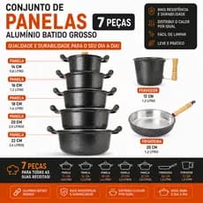 Jogo de Panelas 5 Caçarolas Alumínio Batido Grosso + Canecão Reforçado N°12 + Frigideira N°20 com tampa