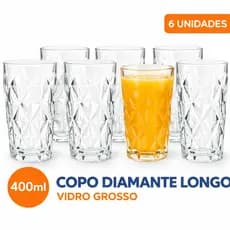 Jogo de Copos Diamante Longo 400ml Vidro Grosso 6 e 12 Peças Água Suco Drink