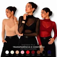 Blusa Tule transparente Manga Longa Gola alta TENDENCIA Transparência SEGUNDA PELE
