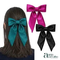 Laço boutique preto em lurex com pontas boutique - em linho, crepe ou lurex - com bico de pato - feminino romantico