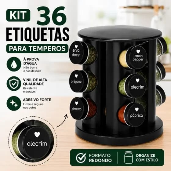 Kit 36 Etiquetas Para Potes De Temperos Adesivo Vinil Preto Redondo À Prova D'água Cozinha Organização Condimentos Manti