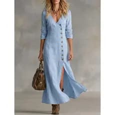 2026 novo estilo primavera verão moda Casual algodão linho manga longa botão carcela vestido feminino