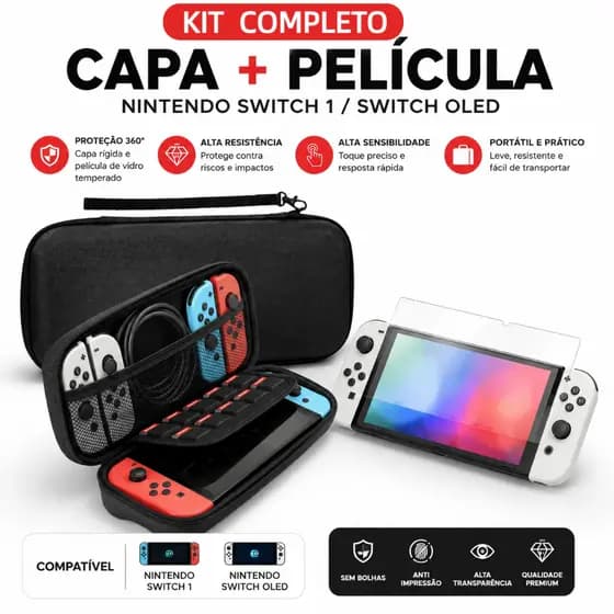 Capa Rígida Para Nintendo Switch 1/Oled + Protetor De Tela De Vidro Temperado, 9h Película De Vidro Temperado