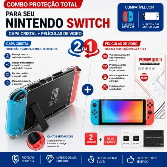 Conjunto de proteção para Nintendo Switch 1/OLED: película protetora para tela + capa protetora de acrílico transparente