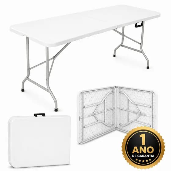 Mesa Dobrável branca 1,80m Vira Maleta com Alça Portátil Camping Praia Resistente | LARUNO