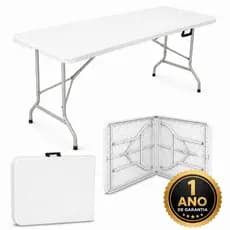 Mesa Dobrável branca 1,80m Vira Maleta com Alça Portátil Camping Praia Resistente | LARUNO