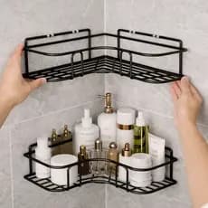 Kit 2 Suportes de Canto para Banheiro em Aço Preto Fosco com Alto Adesivo – Organizador para Shampoo