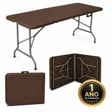 Mesa Dobrável 1,80m Marrom Vira Maleta com Alça Portátil Camping Praia Resistente | LARUNO