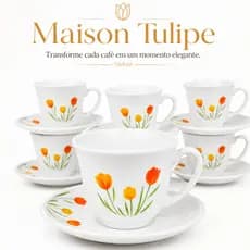 Conjunto Xicaras Cha Tulipa Porcelana Branca 12 Pecas com Pires Elegante