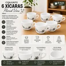 Conjunto 6 Xícaras Porcelana 130ml Floral Elegante Design Branco Resistente
