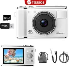 TASSOS Câmera Digital 4K HD 50MP Profissional para Vlog, Zoom 16X, Anti Shake, Tela LED e Cartão 32GB