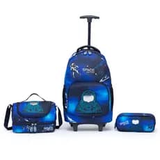 Guelph Kit Mochila azul com rodas com motivo de astronautas da equipada com lancheira e bolsa para material escolar