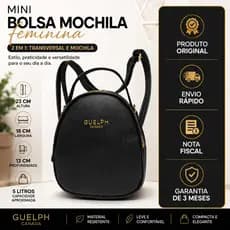 Mini Bolsa Mochila Feminina Guelph Original Transversal 2 em 1 Costas Casual Passeio Preta Compacta