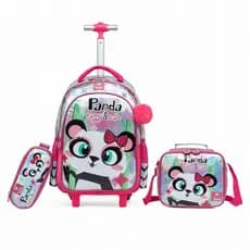 Kit Mochila de Rodinha Escolar Guelph Panda Lancheira Estojo Menina Infantil