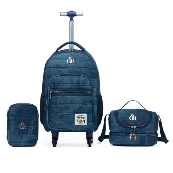 Kit Mochila Rodinhas Azul Guelph Lancheira Estojo Infantil Bolsa Escolar Viagem Reforçada