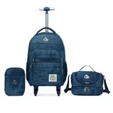 Kit Mochila Rodinhas Azul Guelph Lancheira Estojo Infantil Bolsa Escolar Viagem Reforçada
