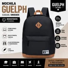 Mochila Casual Guelph Escolar Faculdade Trabalho Resistente Moderna Preta Unissex