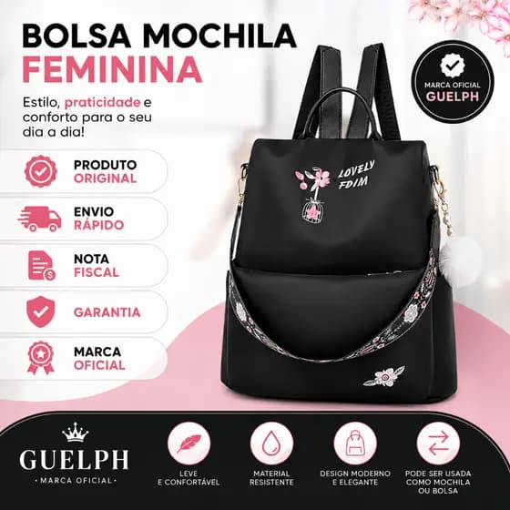 Bolsa Mochila Feminina Guelph Casual Escolar Faculdade Passeio 12L Preta com Alça Transversal