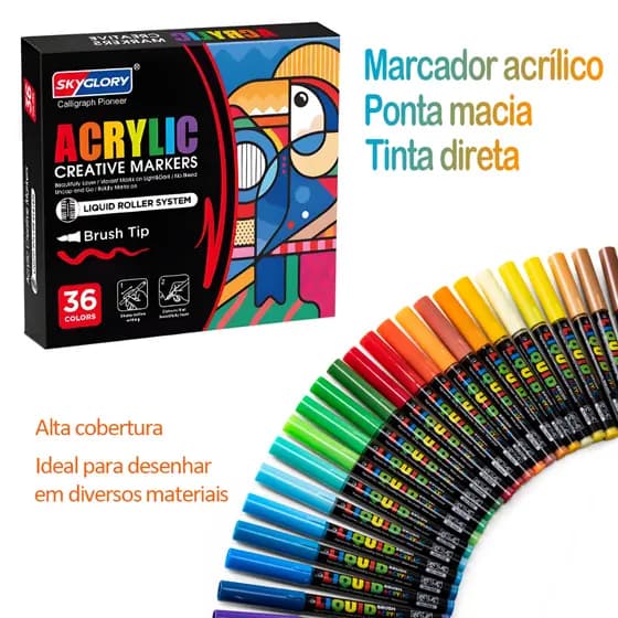 SKYGLORY Marcador Acrílico Ponta Flexível Tinta Direta Cores Vibrantes 12/24/36/48/60 Cores