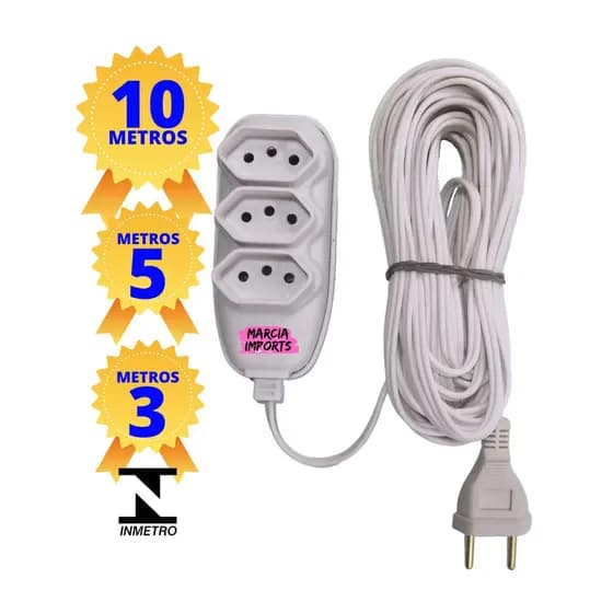Extensão elétrica 10,5,3 E 2 METROS BRANCA Estensão de Energia 3 Tomadas bivolt 220v-110v VOLTINO