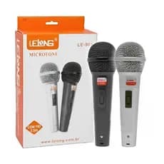 Kit 2 Microfones Dinâmicos com Fio LE-901 Preto e Prata 2,5 Metros Profissional Karaokê Som