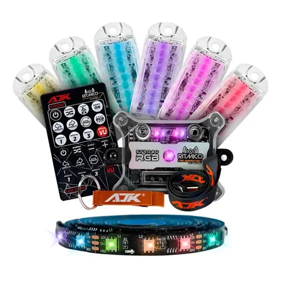 Kit Strobo Automotivo Ajk Rgb 6 Farois Função Rítmico E Vu Encaixe