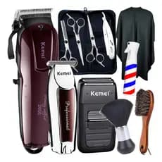 Kit Maquina Cortar Cabelo Kemei Tesoura Profissional Barber