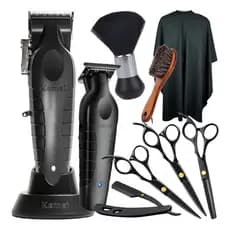 Kit Maquina De Cortar Cabelo Tesouras Barbeiro Km2296 Km2299
