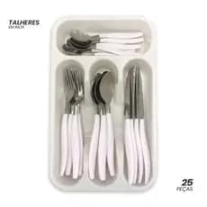 Kit Talheres Inox 25 Peças Branco Durável Completo Cozinha Mesa Evento