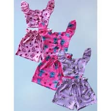 KIT 3 Conjunto Infantil Stitch Short Blusinha Regata Babado Tecido Confortável Tamanhos 2 4 6 8