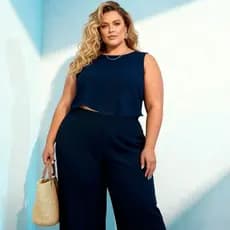 Conjunto Feminino Moda Plus Size em Tecido Linho Premium Calça Pantalona Blusa Regata G1 G2 G3