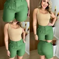 Short feminino Tecido Sensorial Marrante ,con detalhes Bolso Botão Forrado Pinças na Frente e Costa