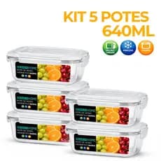 Kit 5 Potes de Vidro 640 ml Hermético Marmita Fit com Tampa 4 Travas