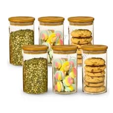 Kit 6 Potes De Vidro 450 Hermético para Mantimentos com Tampa Bambu